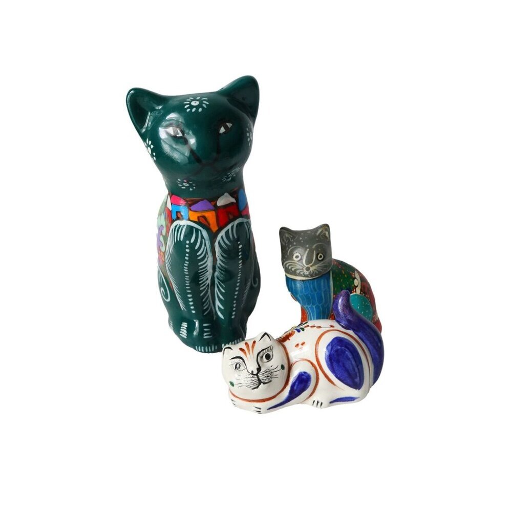 3 Vintage Tonala Cat Figurines Bank Folk Art Mexican Pottery Hand Painted